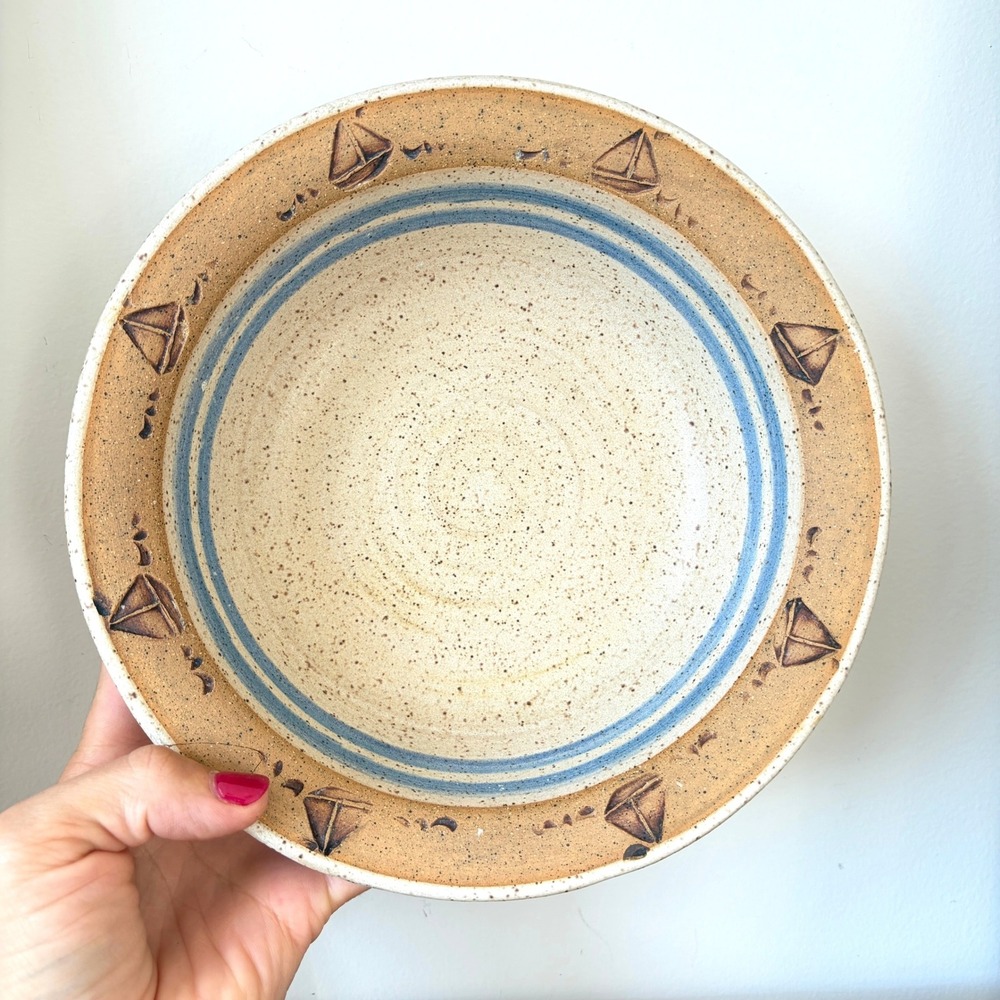 Vintage Nautical Sailboat Stoneware Bowl Blue Stripes Speckled Studio Pottery